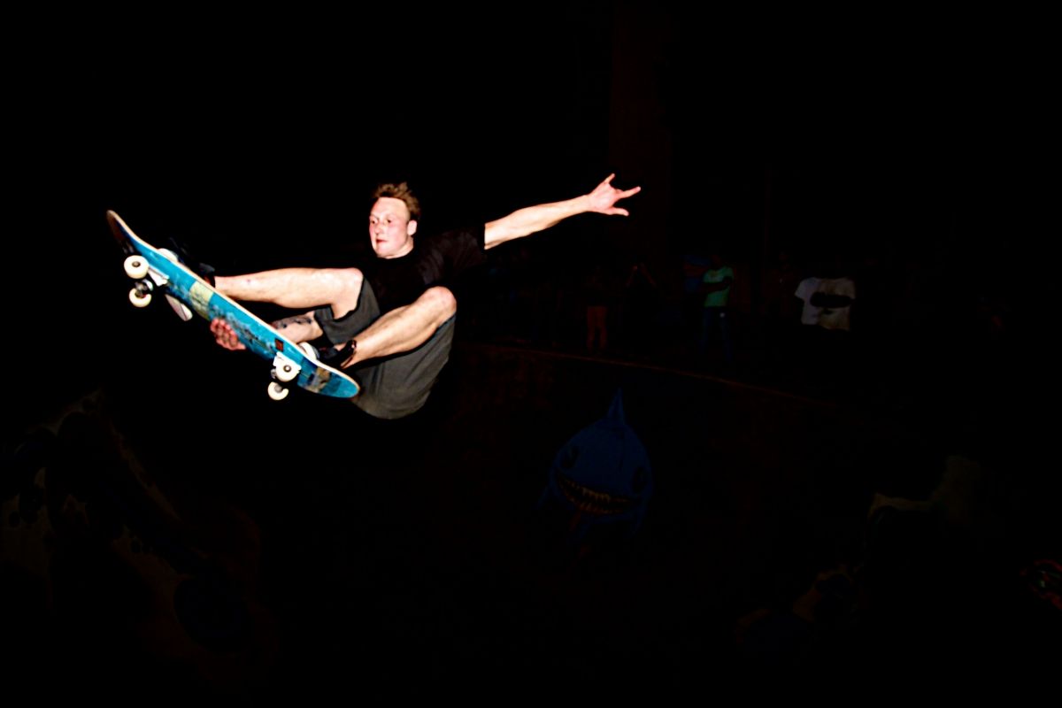 Danish skater Mathias Hall Lauren going airborne during the bowl session.. Rammohan Paranjape