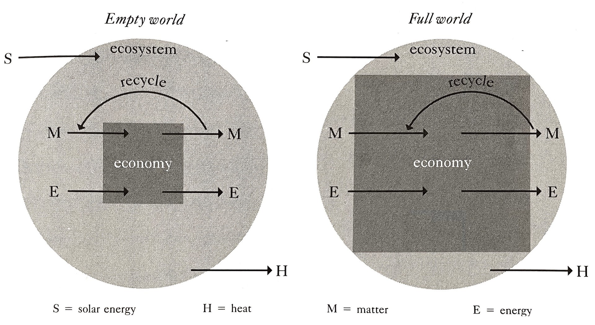 Illustrations of a square (economy) inside a circle (ecosystem). Energy and matter go into and out of the economy square, and some is recycled. Meanwhile solar energy enters the ecosystem circle and some heat escapes. In one, the square is too large.