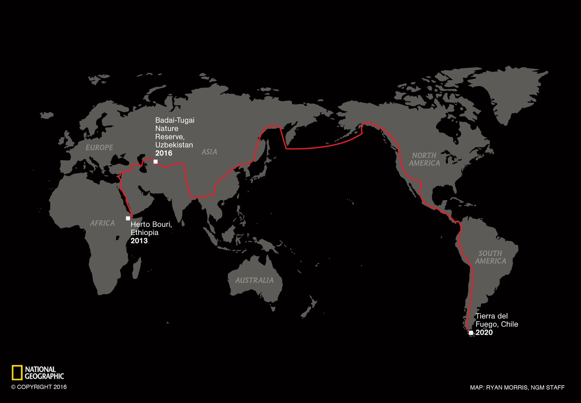 Map of Paul Salopek’s Out of Eden Walk Journey.Credit: Ryan Morris/National Geographic