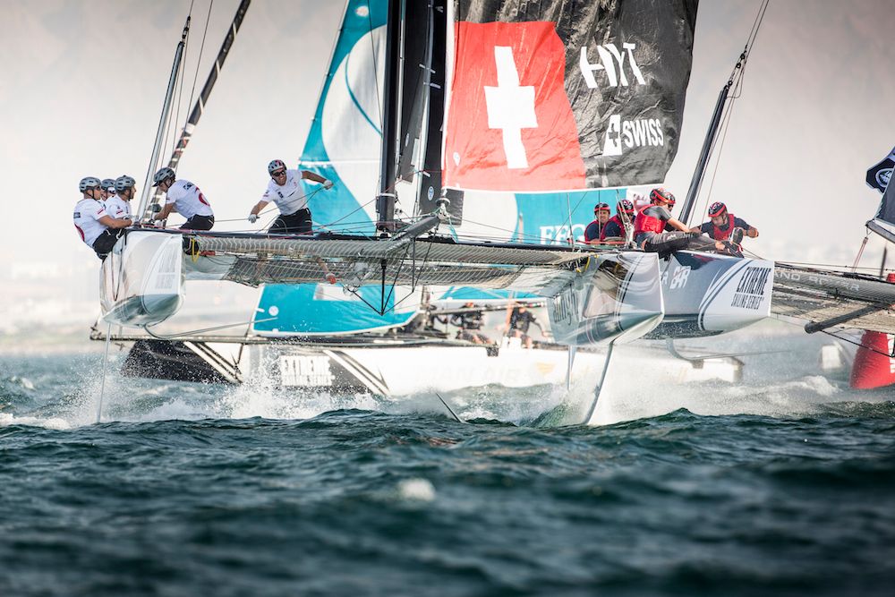 Extreme Sailing Series 2016. Act1. Muscat. Oman. Picture shows the foiling catamarans in action during practice racing close to the shore Credit - Lloyd Images