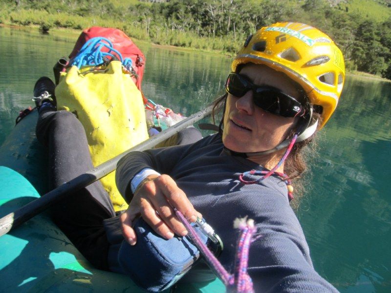 The face plunges into the lake and to reach the base of my route you have to use an inflatable dinghy. Photo: Silvia Vidal 