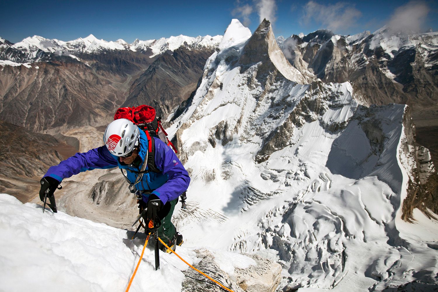 Conrad Anker geared up and climbing out near the team's highest portaledge camp at over 20,000ft.