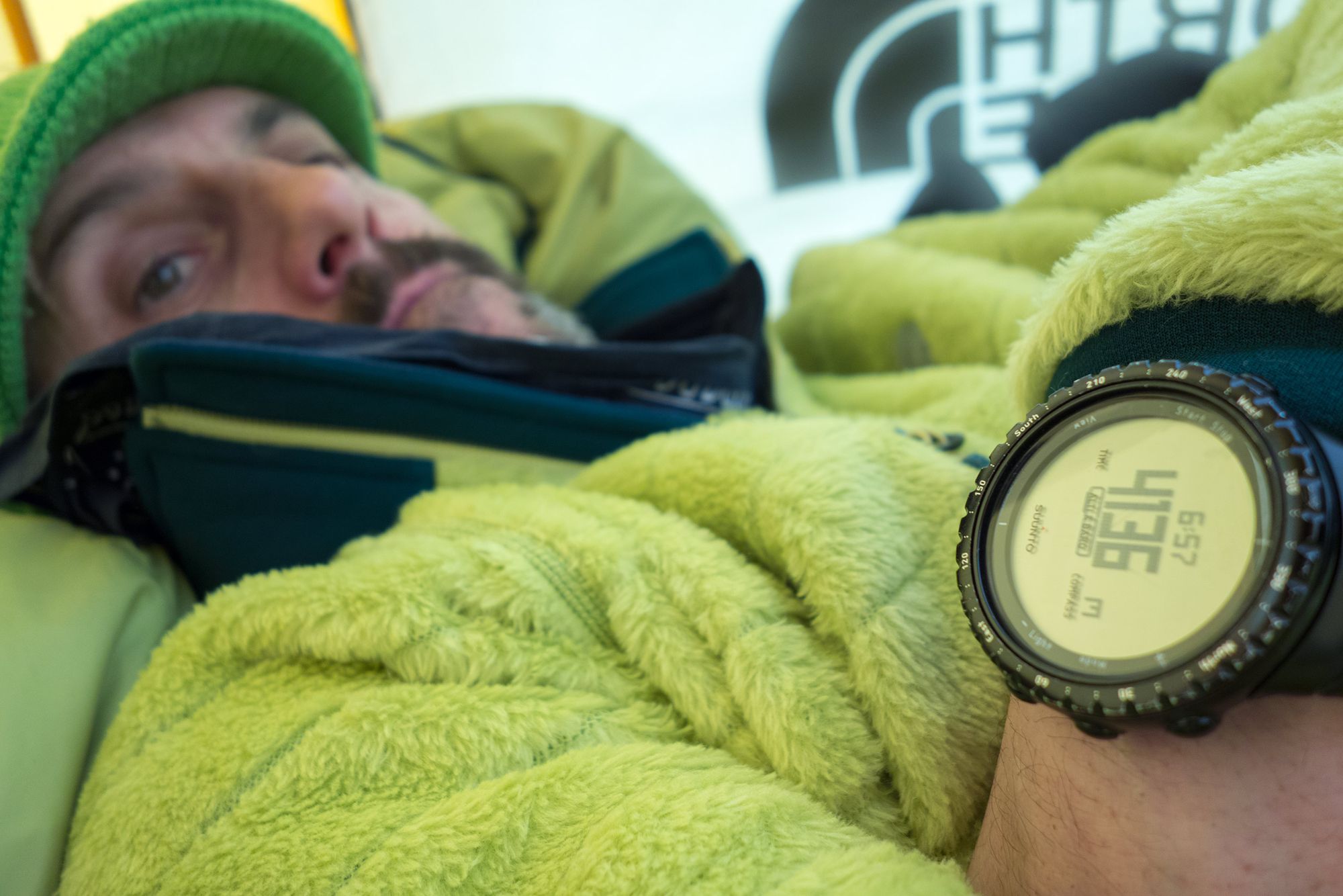 Emilio Previtali tries to think about something else as snow accumulates outside his tent at 14,000 feet.