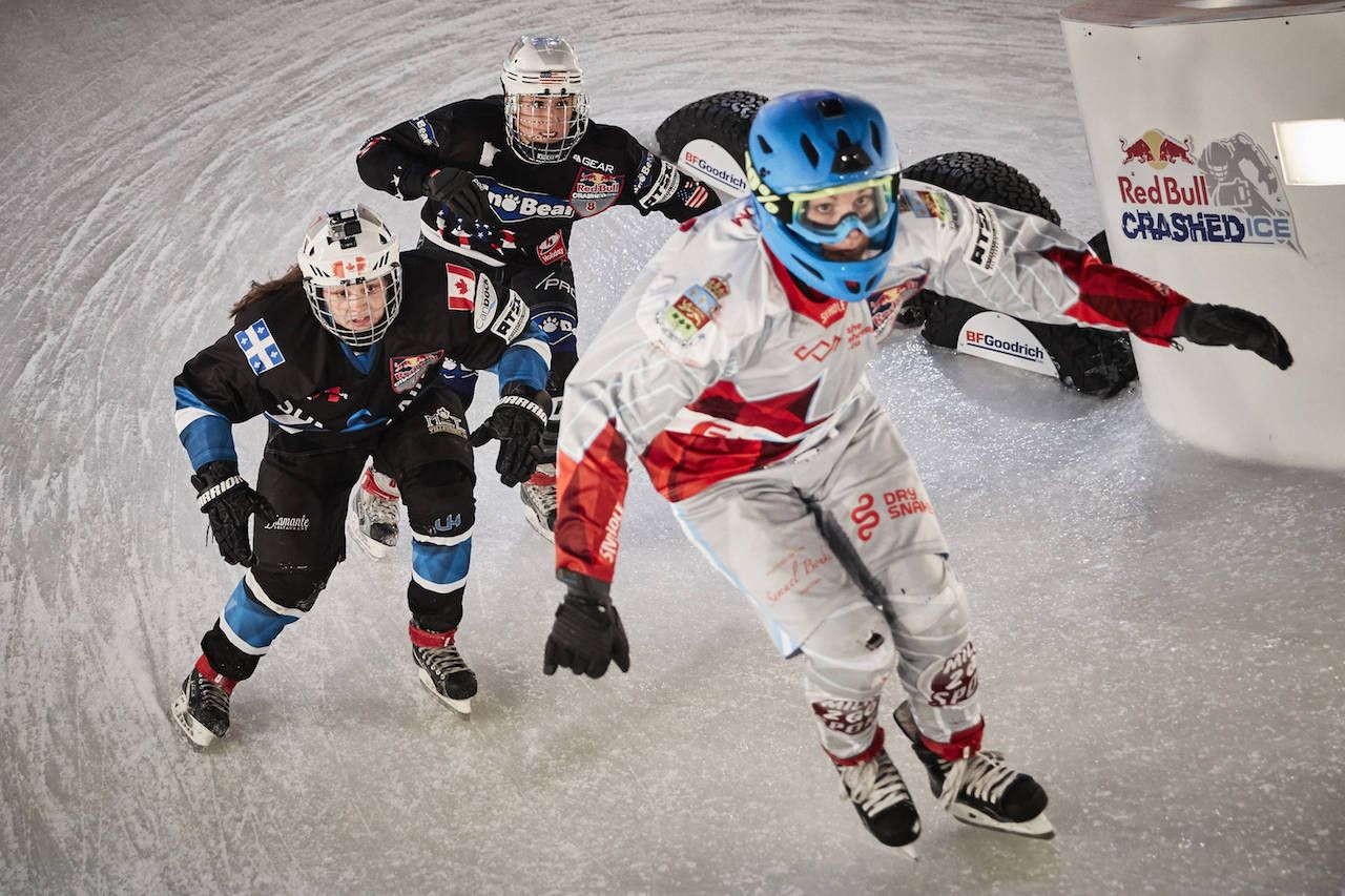 Myriam Trepainer of Canada, Amanda Trunzo of the United States, Maxie Plante of Canada and Haylea Schmid of the United States compete during the finals of Women at the third stage of the ATSX Ice Cross Downhill World Championship at the Red Bull Crashed Ice in Saint Paul, Minnesota, United States on February 4, 2017. // Andreas Langreiter / Red Bull Content Pool // P-20170205-00162 // Usage for editorial use only // Please go to www.redbullcontentpool.com for further information. //