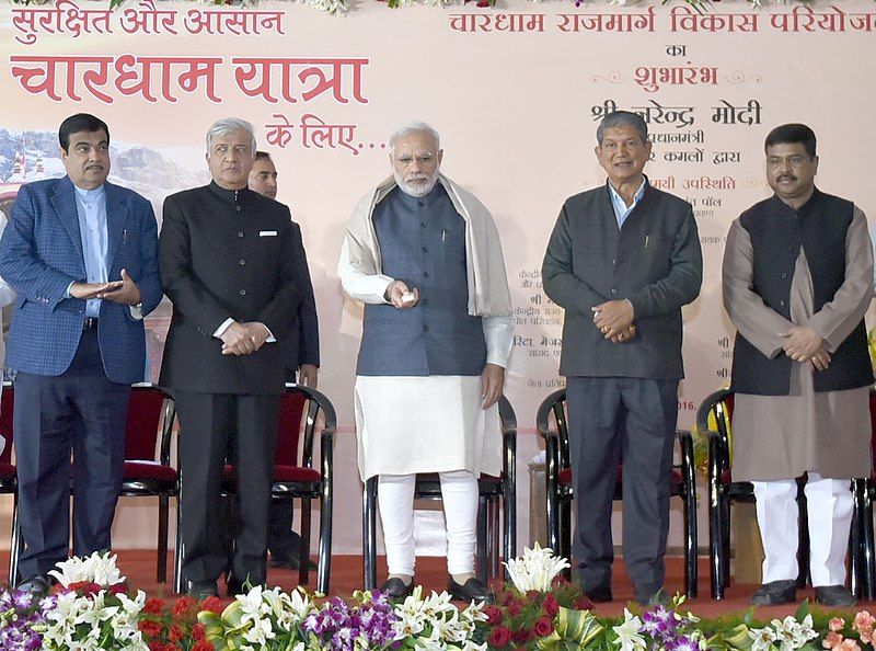 The Prime Minister, Shri Narendra Modi launching the Char Dham Rajmarg Vikas Pariyojna, at Dehradun, Uttarakhand on December 27, 2016...The Governor of Uttarakhand, Dr. K.K. Paul, the Union Minister for Road Transport & Highways and Shipping, Shri Nitin Gadkari, the Chief Minister of Uttarakhand, Shri Harish Rawat and the Minister of State for Petroleum and Natural Gas (Independent Charge), Shri Dharmendra Pradhan are also seen..