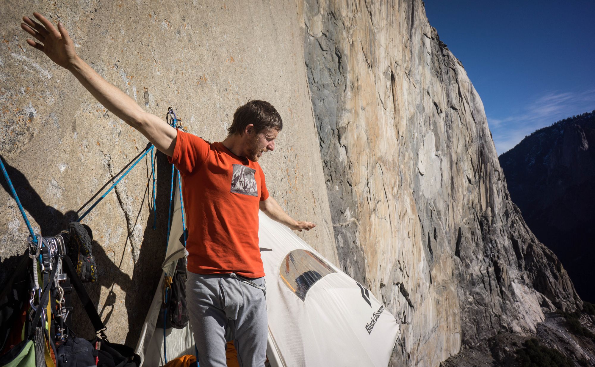 Tommy stretching at basecamp